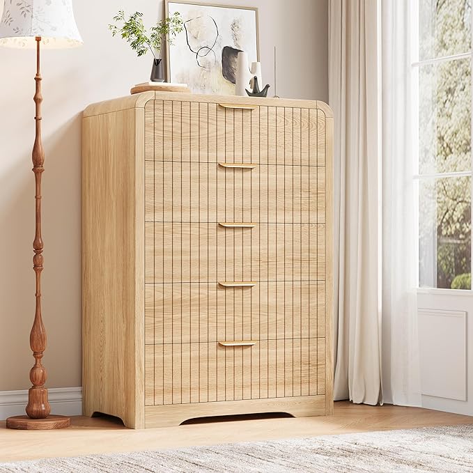 Fluted 5 Drawer Dresser, 43" Tall Dressers & Chests of Drawers Curved Profile Design, Wood Mid Century Vertical Dresser Natural Texture for Bedroom, Natural Oak Dresser
