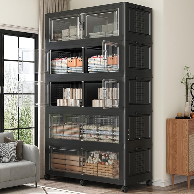 250GAL Extra Large Storage Bins with Lid, 1000Qt Stackable Closet Organizers and Drawers, Collapsible Storage Bins with Wheels, Folding Containers for Home, Kitchen Office, 5Pack Black