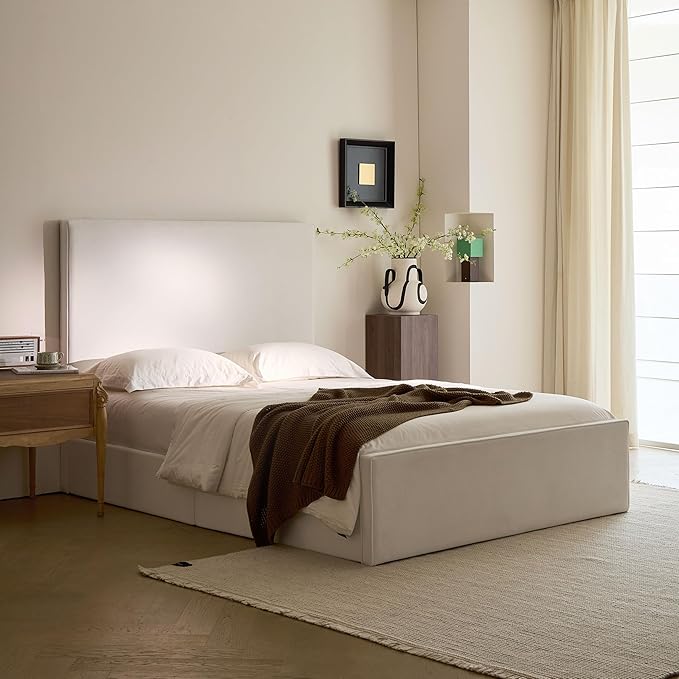 Queen Size Upholstered Bed Frame, 52" High Headboard Wingback Bedframe, Lucas Tall Headboard Floor Platform Beds, No Box Spring Needed No Noise/Minimalist/Coconut Micro Suede, White