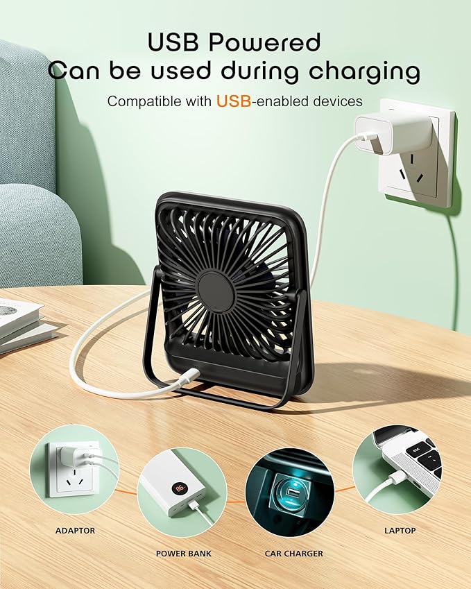 FadFun Small Desk Fan Personal Fans，100Speed Adjustable Quiet Small Portable Fan,Intelligent display of remaining hours for Office Bedroom Home Desk Black