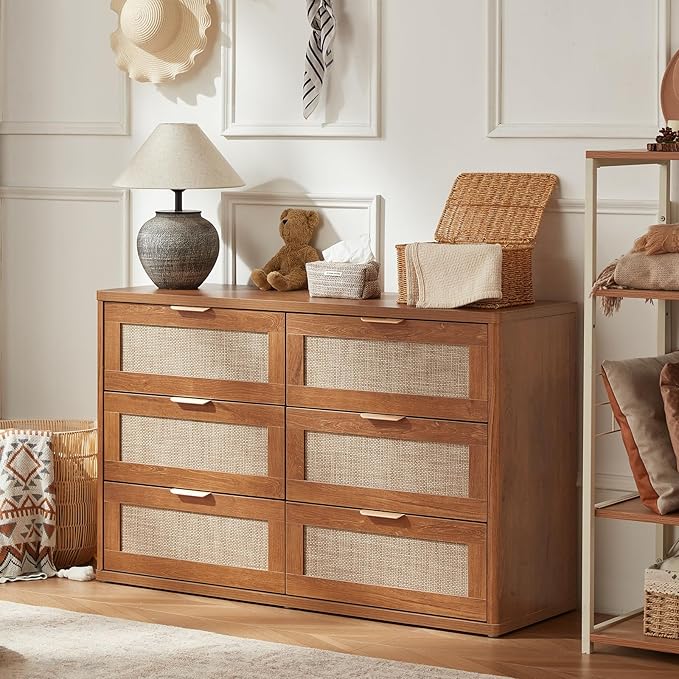 LEYAOYAO Rattan Dresser and Nightstand Sets 3 Piece, Boho Wood Dresser for Bedroom with 6 Drawers and Night Stand with 3 Drawer, Bedroom Furniture, Dressers & Chests of Drawers, Living Room, Hallway