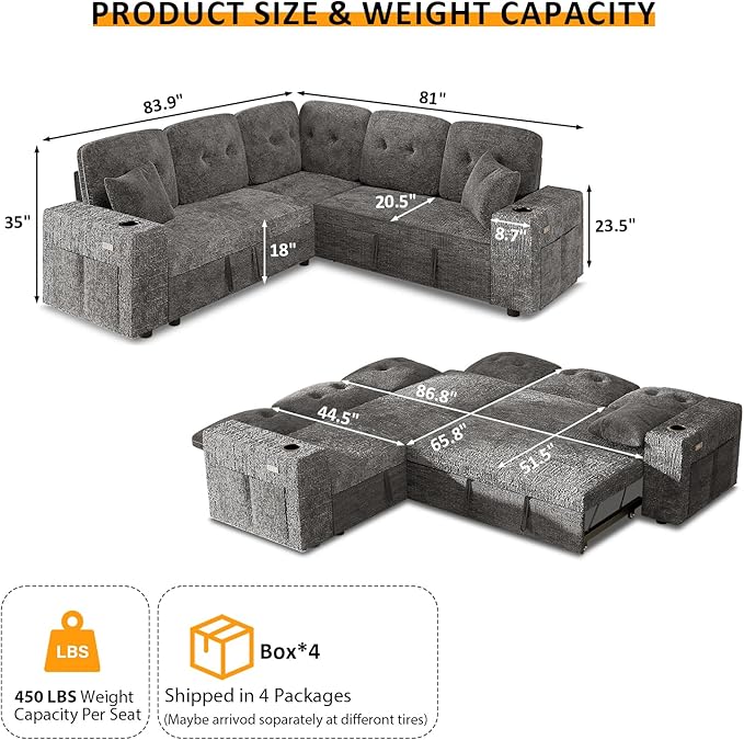 Modular Sectional Sleeper Sofa with Pull Out Bed, L Shaped 5 Seat Sectional Couches for Living Room, 84 Inch Sofa Bed with Adjustable Backrest | Hidden Storage | Wide Armrest | Grey