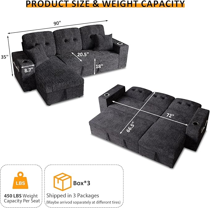 90 Inch Sleeper Sofa Bed, 4 in 1 Pull Out Couch Bed with Adjustable Backrest | Reversible Storage Chaise | Wide Armrest | Tool Free Assembly, Sectional Couches for Living Room, Navy Blue