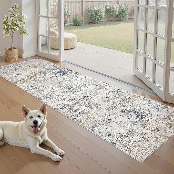 Washable Runner Rug for Hallway: 2.6x8 Neutral Modern Abstract Low Pile Area Rug with Non-Slip Backing - Carpet for Bedroom Kitchen Laundry Entryway Bathroom Indoor - Beige Blue