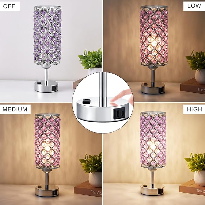 Hong-in Crystal Lamps Set of 2, 3 Way Dimmable Touch Lamp with Crystal Shade, Bedside Nightstand Lamps for Living Room Bedroom Home Office(Purple)