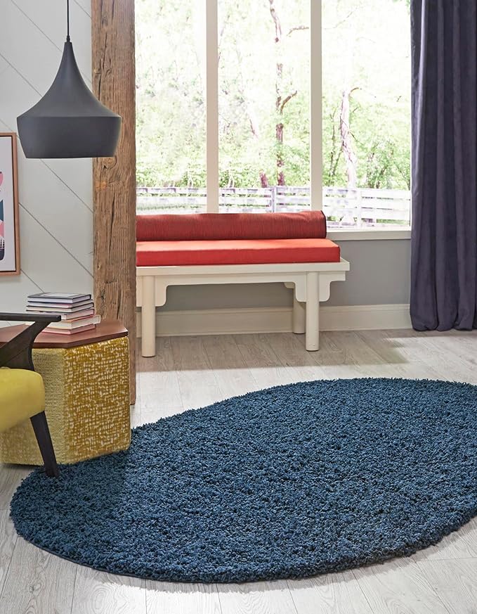 Unique Loom Solid Shag Collection Area Rug (3' 3" x 5' 3" Oval, Sapphire Blue/ Navy Blue)