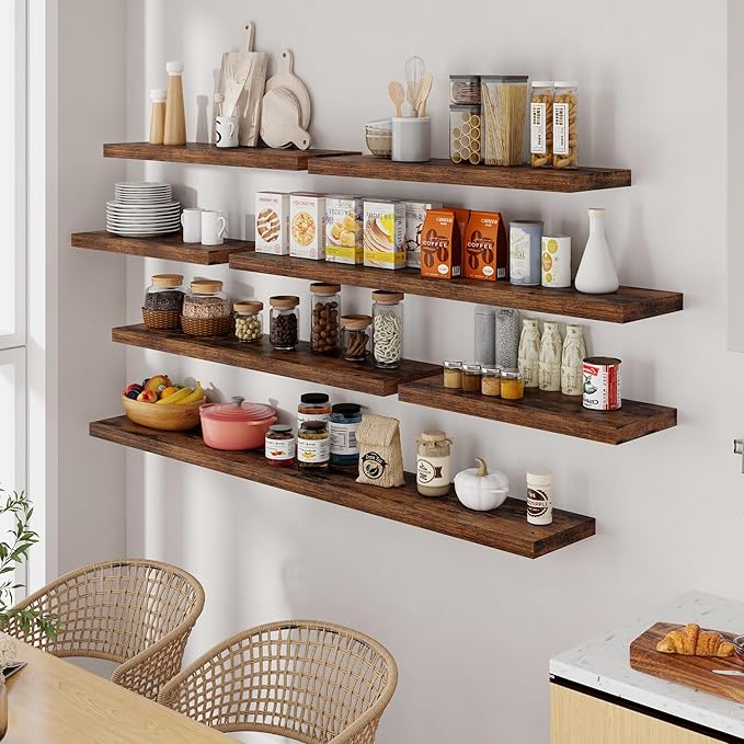 Fun Memories 72 Inch Floating Shelves for Wall, 72x9.3 Large Floating Shelf for Bedroom, Kitchen, Bathroom, Wall Mounted Rustic Wood Shelves with Invisible Bracket for Books, Decor, Rustic Brown