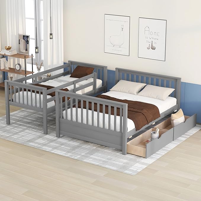 Merax Wood Bunk Bed with Drawers,Convertible Wood Bunk Bed with Ladders and Two Storage Drawers,Solid Wood Detachable Bed Frame with Ladders,Twin Over Full Size,Grey