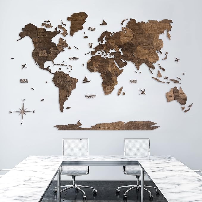 Handmade 3D Wood World Map Wall Art Large Wall Decor Track Your World Travels - Special for Home, Kitchen and Office (X-Large, Walnut)