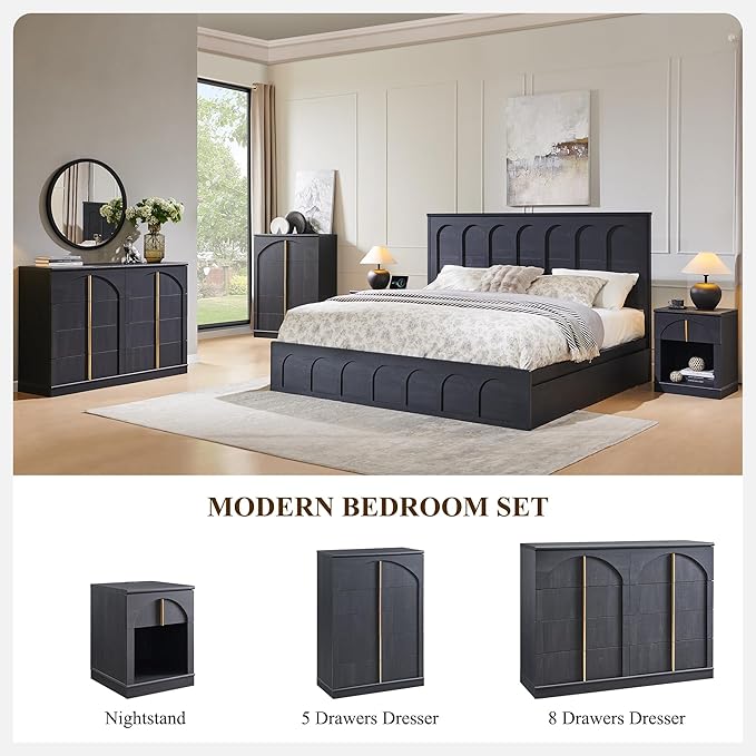 ACCOHOHO Modern 5 Drawer Dresser for Bedroom with Arched Panel,44" Tall Dresser for Closet with Metal Handles,Push-to-Open Wood Storage Closet Dressers Tv Stand for Living Room, Hallway,Black