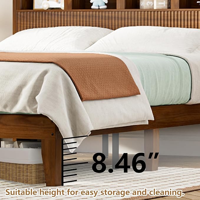 Full Bed Frame with Wave Headboard, Storage Headboard with 4 Arched Storage Compartments, Farmhouse Wooden Full Bed Frame, No Box Spring Needed, No Noise (Full-Walnut)
