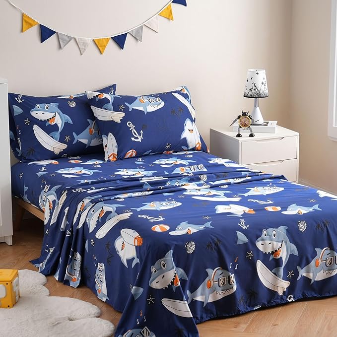 JSD Blue Shark Surfing Kids Sheet Set Full Size, 4 Piece Nautical Printed Microfiber Sheets Deep Pocket