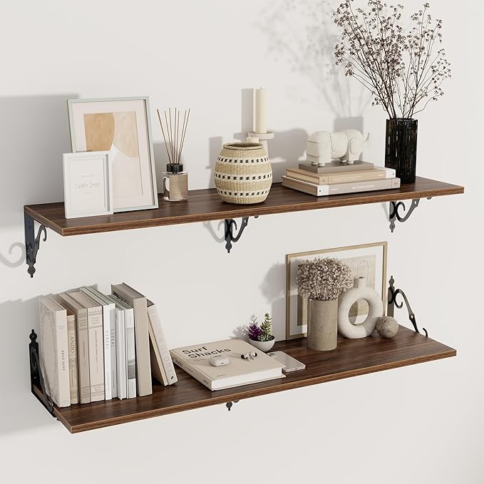Dreamland Deep Floating Shelves, 48" W x 12" D Wall Shelves Set of 2, Wide Display Shelf Wall Mounted with Brackets, Bookshelf for Living Room, Bathroom, Bedroom, Walnut