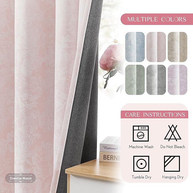 Beauoop Pink Floral Jacquard Blackout Curtains 63 Inches Long 2 Panels for Bedroom Living Room Chenille Flower Room Darkening Thermal Insulated Soundproof Grommet Window Treatments Drapes, 52x63