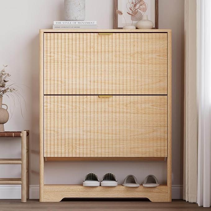Shoe Cabinet with 2 Flip Drawers, Fluted Shoe Storage Cabinet with Adjustable Shelves, Freestanding Rack and Organizer for Entryway, Hallway