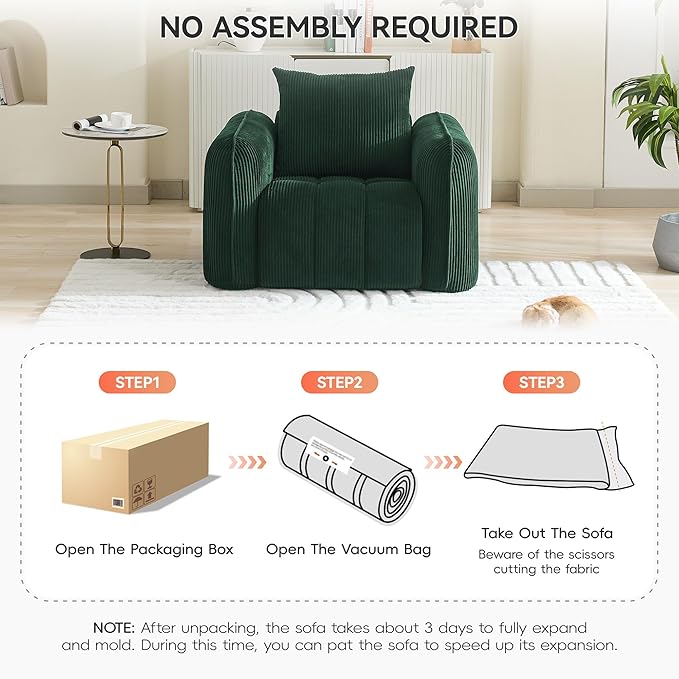 Oversized Boneless Corduroy Accent Chair, Comfy Deep Seat Armchair for Bedroom, Modern Upholstered Living Room Sofa Chair with Pillow, No Assembly, Green