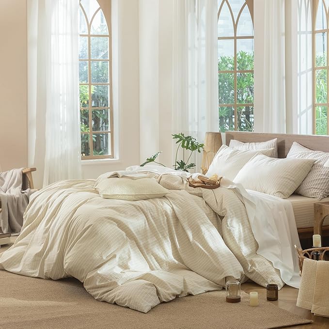 MooMee Striped Duvet Cover Set 100% Washed Cotton Linen Like Textured Breathable Durable Soft Comfy (Almond Milk Grey White Wide Stripes, Full 80"x90")