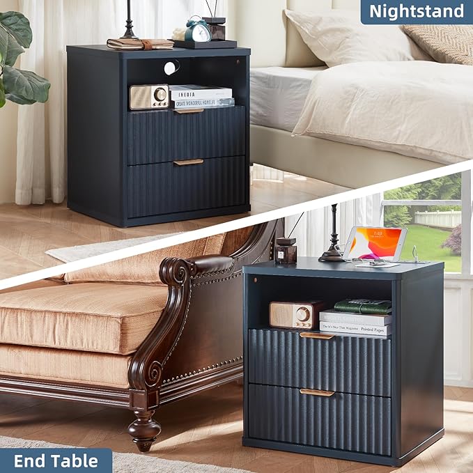 LEYAOYAO 48" Wide Fluted Dresser and 2 Drawers 23" Nightstand Set of 2, Wooden Dresser & Night Stand with Charging Station, 3 Piece Bedroom Furniture Set, Chest of Drawer for Living Room,Blue