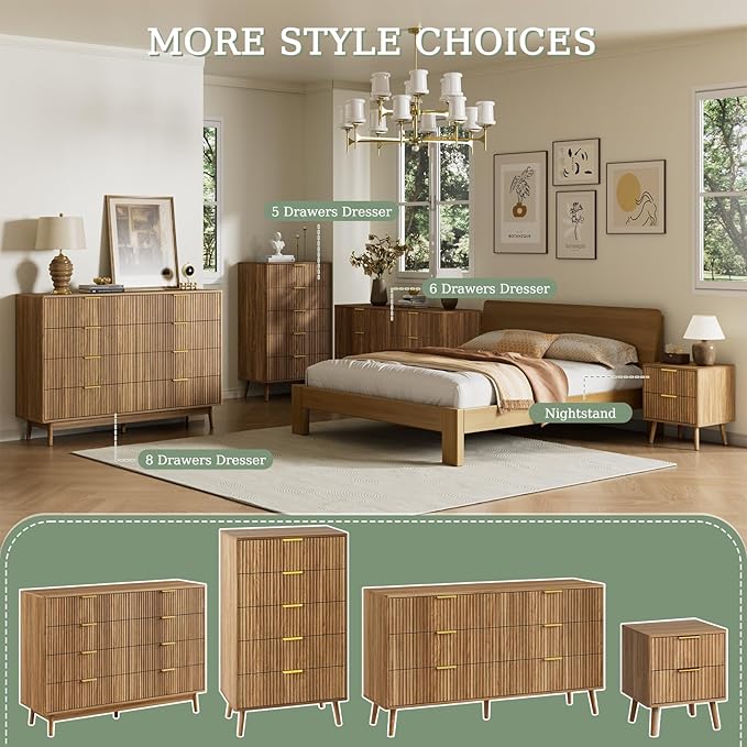 LYNSOM Fluted Dresser and Nightstand Sets 3 Piece, 9-Drawers Dresser and 1-Drawer Nightstands Set of 2, Wood Bedroom Furniture Set for Home, Bedroom, Hallway, Walnut