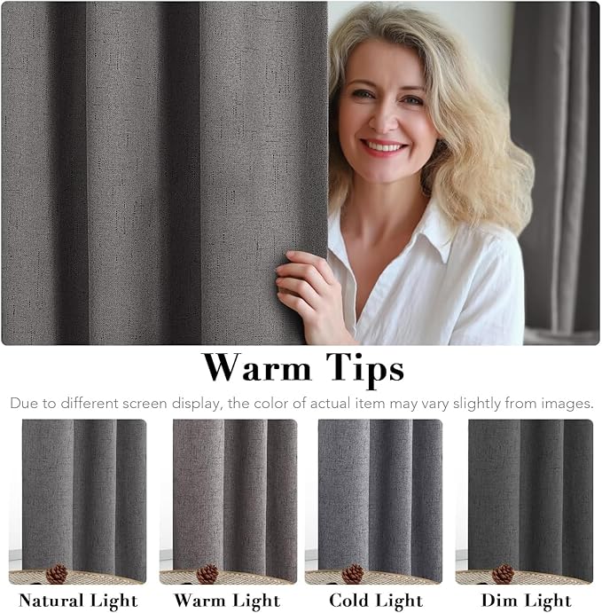 H.VERSAILTEX Linen Curtains 100% Blackout Curtains for Bedroom 102 inch Long Full Light Blocking Nature Linen Blended Window Curtains for Living Room Nickel Grommet (2 Panels, Grey)