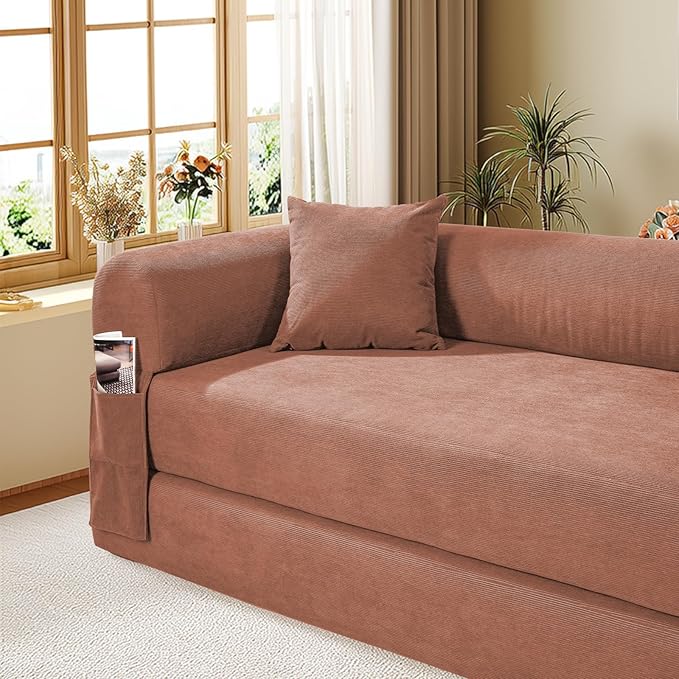 Convertible Futon Sofa Bed,80" Folding Pull Out Couch Bed with Storage,Queen Sleeper Sofa Bed,Compressed Couch in a Box,Corduroy Boneless Couches for Living Room,Pink