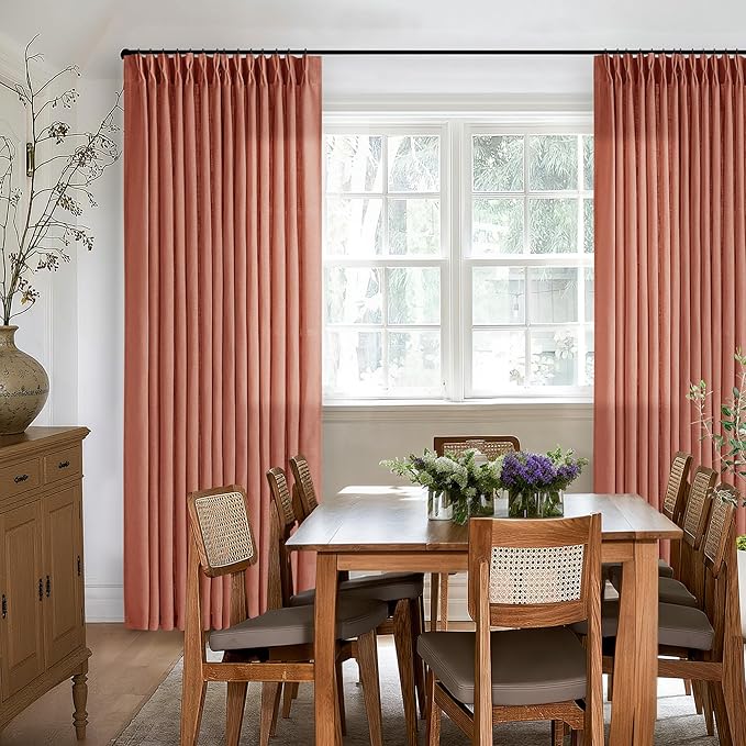 FireBrick Pleated Linen Curtains 96 Inches Long for Living Room 2 Panel Set Semi Sheer Light Filtering Pinch Pleat with Rings Hooks Drapes Farmhouse Rustic Terracotta Red Clay Curtain Bedroom Window