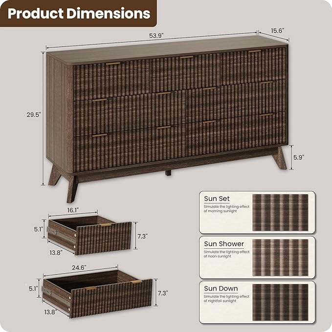 54'' Wide 7 Drawers Dresser for Bedroom,Modern Fluted Vertical Chest with Rounded Corners,Fluted Dresser for Living Room,Hallway, Walnut