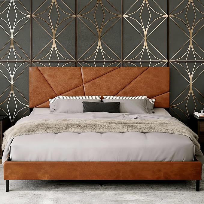 Upholstered King Size Platform Bed Frame with Faux Leather Padded Headboard, Sturdy Metal Slats Support, No Box Spring Needed, Vintage Brown