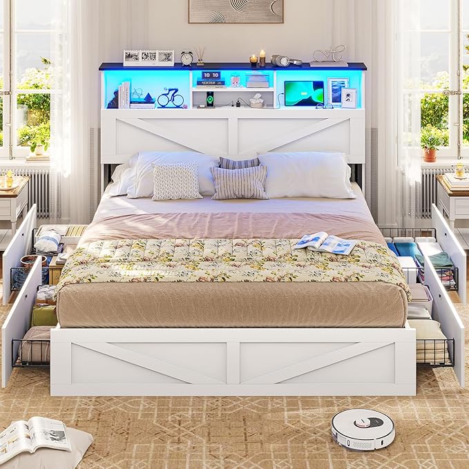 VIAGDO Farmhouse Bed Frame Queen Size with Bookcase Storage Headboard, Charging Station and LED Lights, Wooden Queen Bed Frame with 4 Drawers, Barn Door Design, No Box Spring Needed, No Noise, White