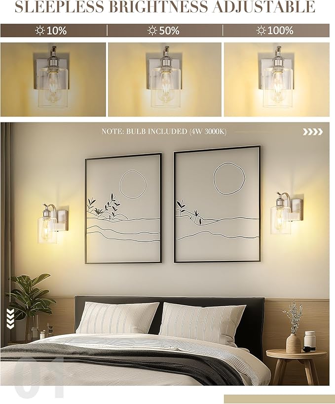 Battery Operated Wall Sconces Set of 2, Brushed Nickel Rechargeable Wall Lights with 5200mAh Battery and Touch Control, Dimmable Wireless Sconce Lamp for Bedroom Hallway Bathroom ZCVL01BN-1A-2P