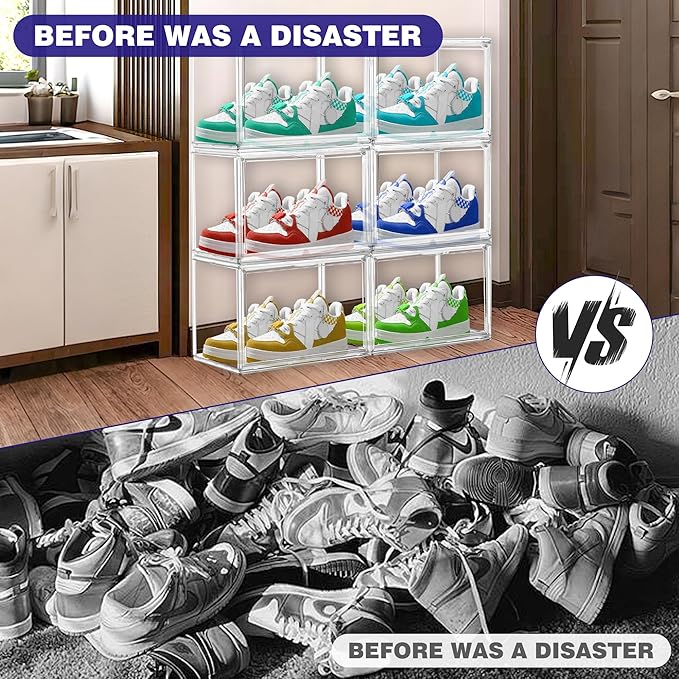 12 Pack Acrylic Shoe Large Storage Box with Magnetic Door Size 13 Clear Stackable Shoe Organizer for Closet Space Saving Shoe Cabinet Sneaker Display Case