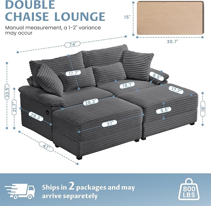 SUNWAVE 74" Double Chaise Lounge Chair Indoor, Oversized Loveseat with Storage Ottoman, Corduroy Couch with USB Charging, Removeable Ottoman, and Coffee Table Cushions for Living Room