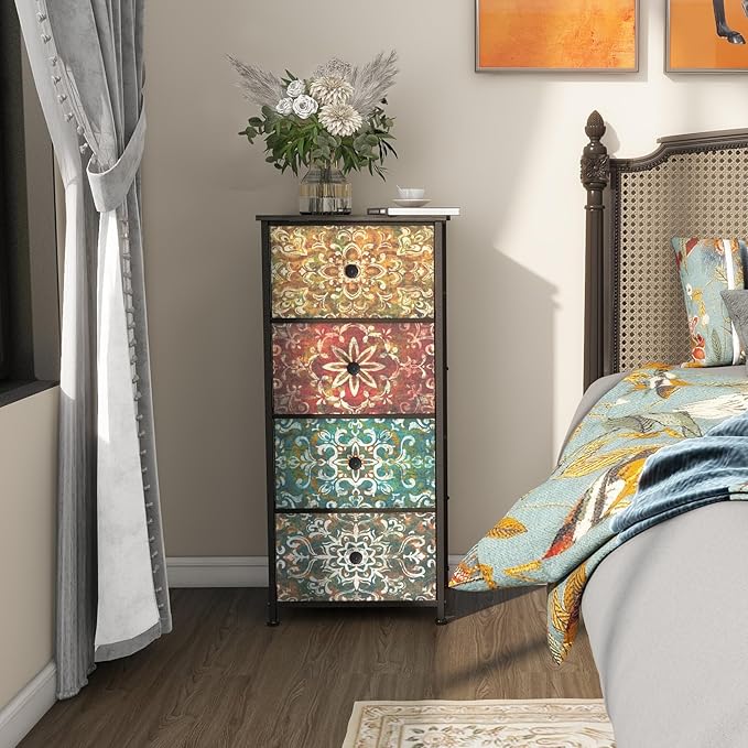 GiftGo Retro Dresser with Fabric Drawers Boho Mandala Flower Chest of Drawers Narrow Storage Tower for Small Spaces Gaps Bedroom Beautiful Nightstand Living Room Table (Mandala, 4 Drawers)