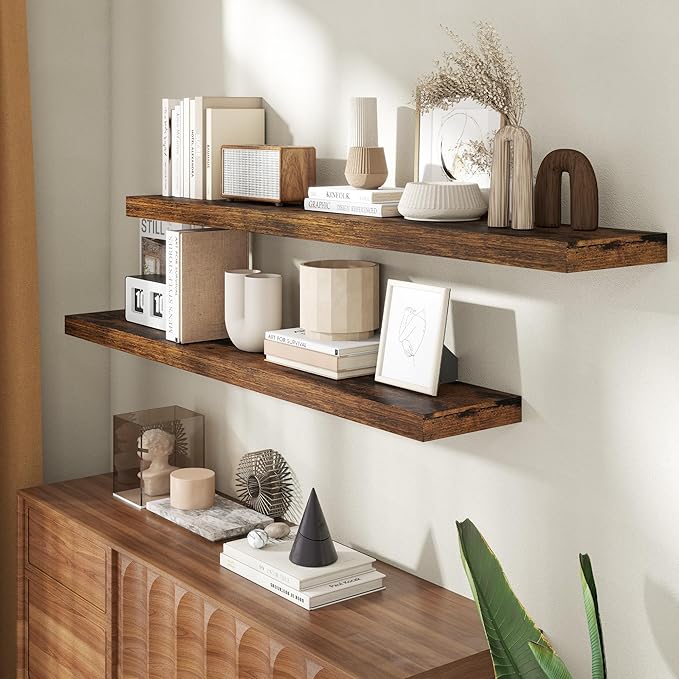 55 Inch Floating Shelves for Wall, 8 Inch Deep Floating Shelf for Storage & Display, Wall Mounted Shelf with Invisible Brackets for Living Room, Kitchen, Bathroom, Home Decor, Set of 2, Rustic Brown