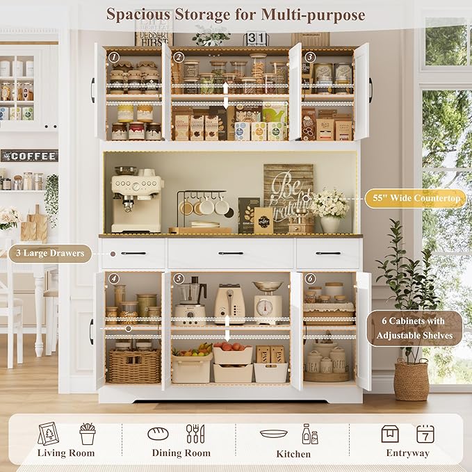 HOSTACK 71" Tall Pantry Cabinet with Charging Station, 55" Wide Kitchen Pantry Storage Cabinet with Countertop, Large Kitchen Hutch with Storage Drawers and Doors for Dining Room, Living Room, White