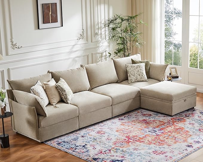 ABCASA 134.6" Luxury Modular Sectional Convertible Sofa with Storage Ottoman, L-Shape 5-Seat Oversized Comfy Couch Deep Seat with Reversible Chaise - Chenille Beige
