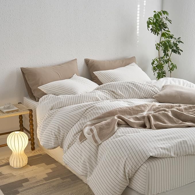 MooMee Striped Duvet Cover Set 100% Washed Cotton Linen Like Textured Breathable Durable Soft Comfy (White Tannish Linen Grey Wide Stripes, Super King 108"x98")