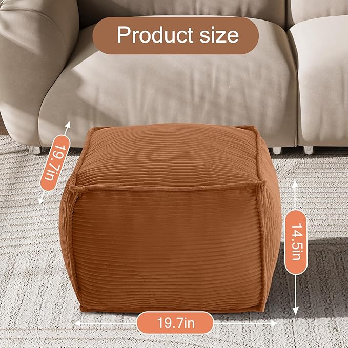 MeMoreCool Stuffed Pouf Ottoman Foot Rest Square, Corduroy Floor Pouf Foot Stool with Foam Chunk Filling, Soft Stuffed Ottoman Footrest for Living Room, Coffee