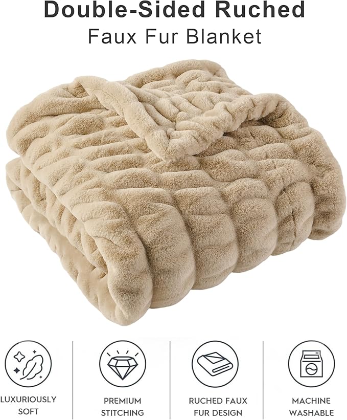 BATTILO HOME Luxury Faux Fur Throw Blanket for Couch, Cozy Plush Soft Blanket for Women, Double Side Ruched Rabbit Fur Blanket for Living Room, 50x60 Inches