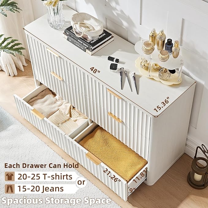 LEYAOYAO 48" Wide Fluted Dresser and 3 Drawers 23" Nightstand Set of 2,Wooden Dresser & Night Stand with Charging Station, 3 Piece Bedroom Furniture Set,Chest of Drawer for Living Room,Antique White