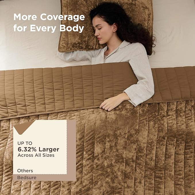 Bedsure Velvet Quilt King Size Set - 108"x96" Lightweight Velvet Comforter King, Oversized Luxury Bedspread Coverlet, Ultra-Soft Winter Bedding Set with 2 Pillow Shams, Caramel Gold