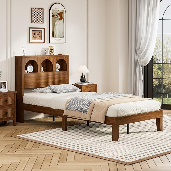 Twin Bed Frame with Wave Headboard, Wooden Headboard with 3 Arched Storage Compartments, Platform Bed with Wood and Metal Slats, No Box Spring Needed, No Noise (Twin-Walnut)