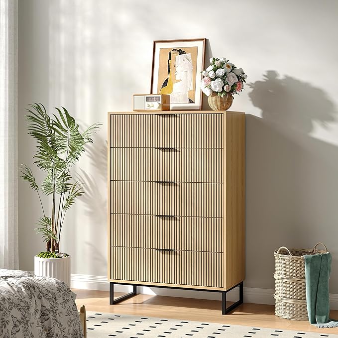5 Drawers Dresser, 49.2’’ Tall Modern Chest of Drawers for Bedroom, Large Closet Dressers with Drawers, Wooden Drawer Dresser for Bedroom, Living Room, Hallway