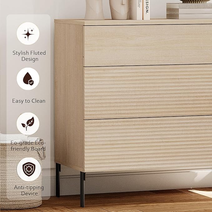 WAMPAT 31.5" W Fluted Dresser for Bedroom, Modern 3 Drawer Dresser TV Stand with Hidden Handles, Wooden Wide Chest of Drawers Closet Clothes Storage Organizer for Bedroom, Living Room, Beige