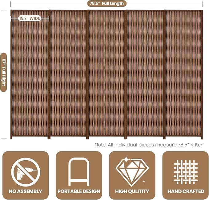 5 Panel Room Divider and Extra Wide Folding Privacy Screen, 79" W x 67" H, Bamboo Room Divider for Room Separation.