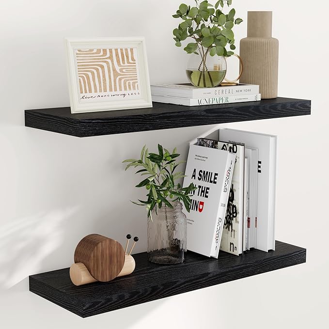 Fun Memories 32 Inch Floating Shelves, Wall-Mounted Bathroom Shelves Set of 2, 9.3 Inch Deep Floating Shelf Bookshelf for Living Room, Bedroom, Heavy-Duty Deep Storage Shelf for Wall, Black Color