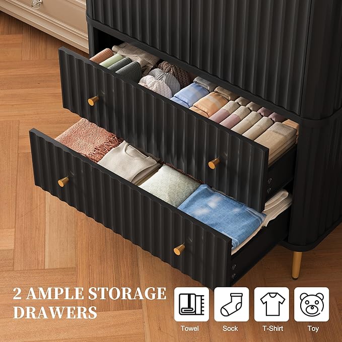 HLR 72" Modern Armoire Wardrobe Closet with Doors and Drawers, Bedroom Armoire Cabinet with Hanging Rod, Wooden Clothing Storage Cabinet Set of 2,Black