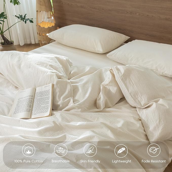 MooMee Striped Duvet Cover Set 100% Washed Cotton Linen Like Textured Breathable Durable Soft Comfy (Almond Milk Grey Pinstripes, Oversized Queen 98"x98")