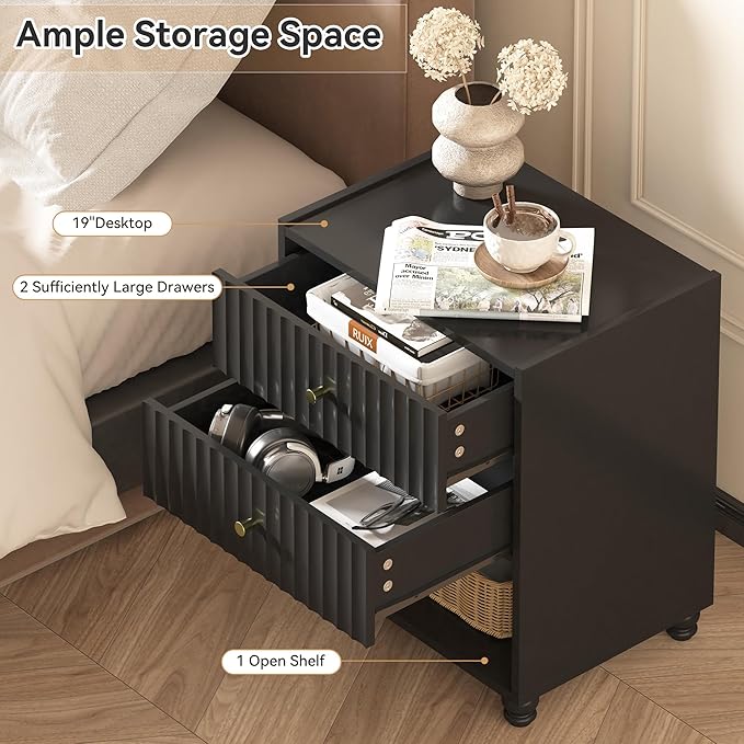 Modern Nightstand, Fluted End Table with 2 Drawers, Nightstand with Open Shelf for Bedroom (1, Black)