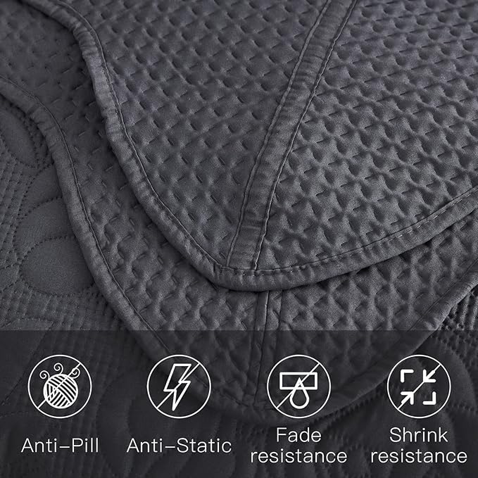 CHIXIN Bedspread Coverlet Quilt Set Full Size - Lightweight Bedding Cover - Ultrasonic Quilting - 5 Piece Reversible Bedspread - Vintage Rose Pattern (Full, Dark Grey)